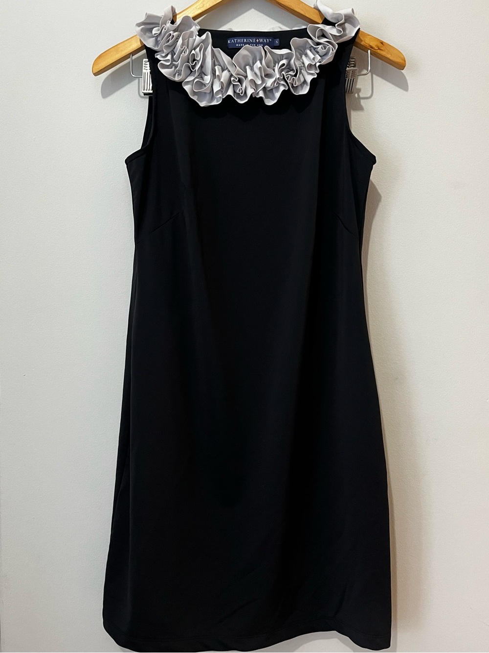 Katherine Way Made in the USA
Black Sleeveless Dress with Light Gray Ruffle Neck